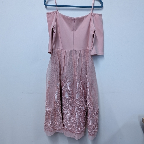 GIANNI Bini Pink Ponte and Mesh Overlay Off the Shoulder Midi Dress L Romantic - Picture 8 of 15